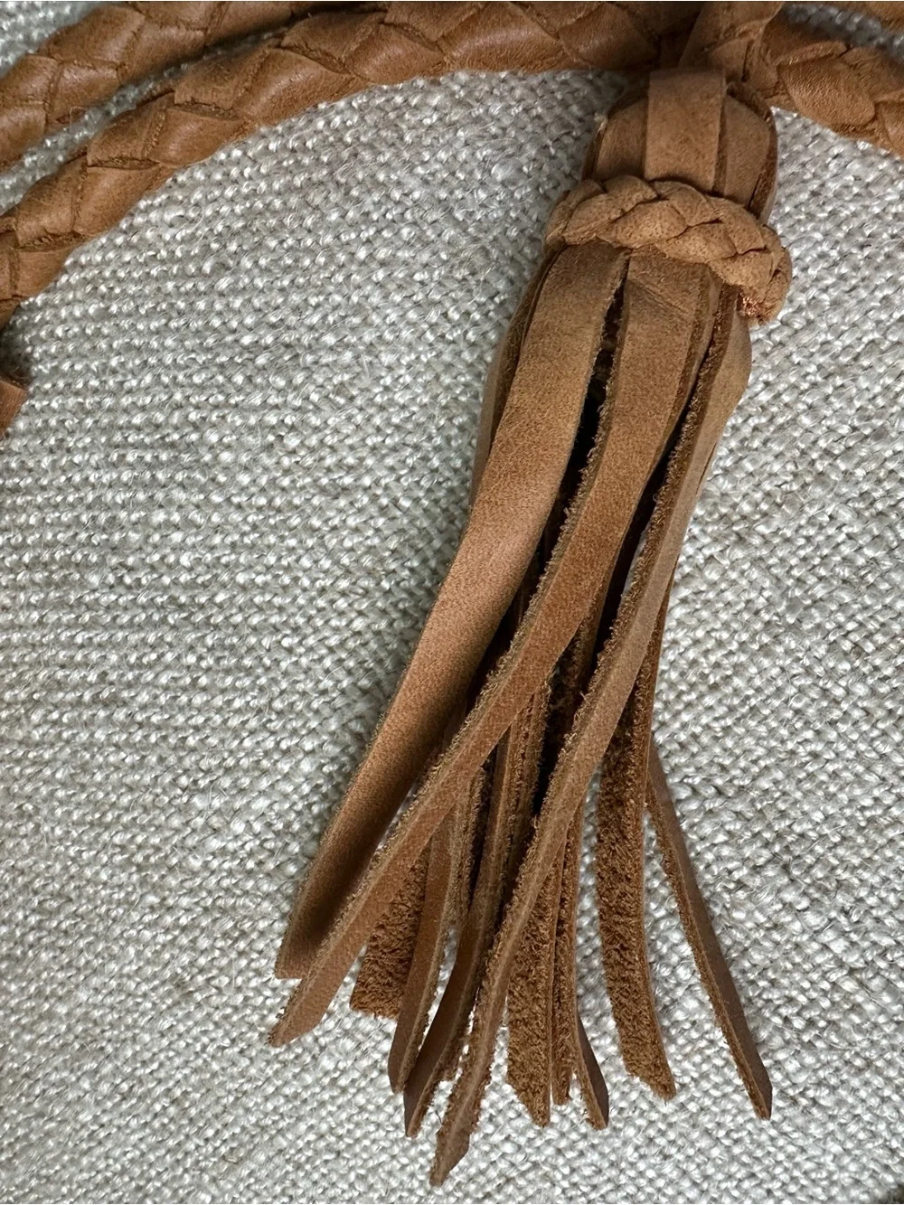 Anthropologie ADA Braided Tassel Leather Belt in Cognac Brown